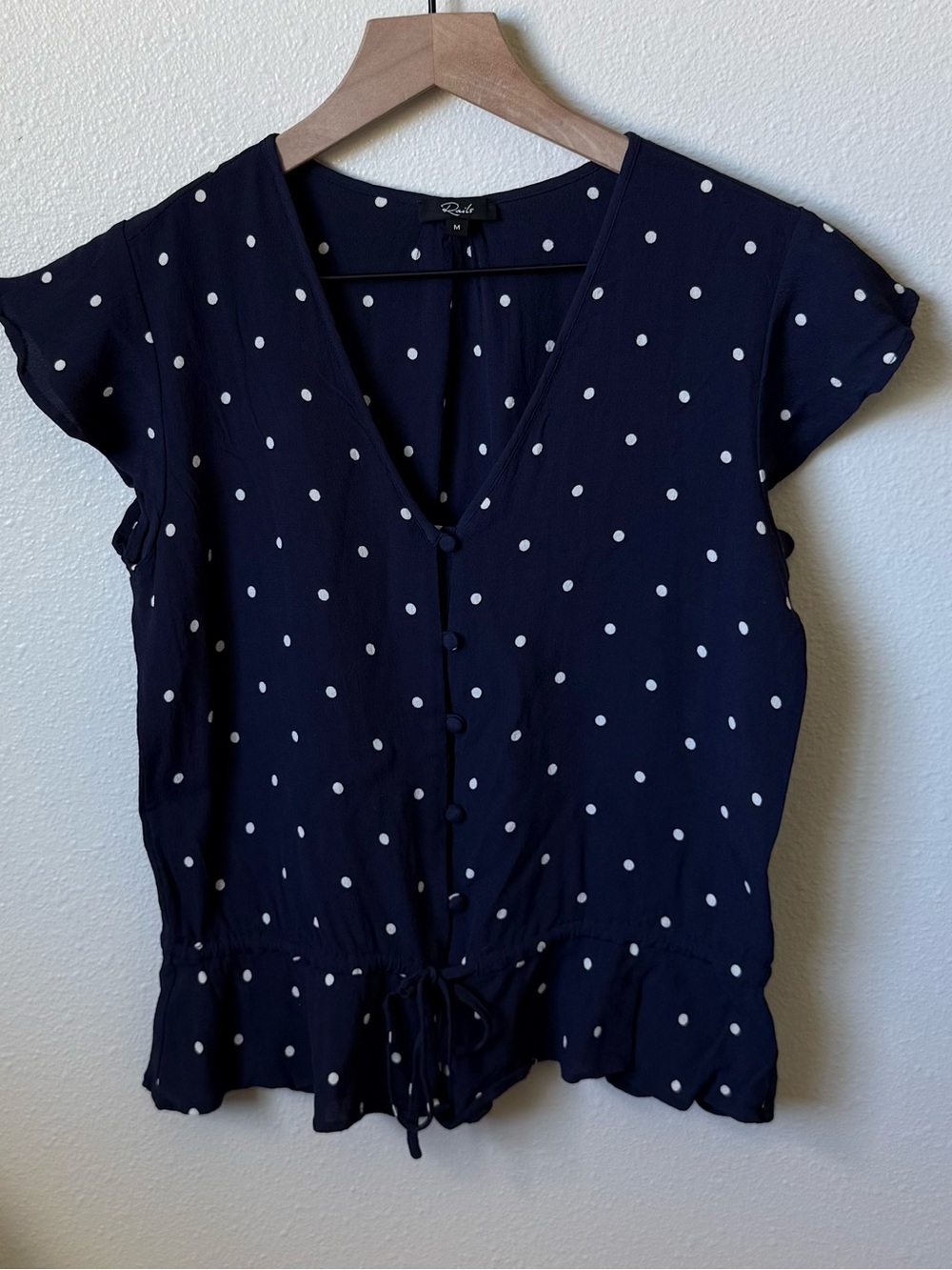 Rails Navy Polka Dot V-Neck Button Front Blouse